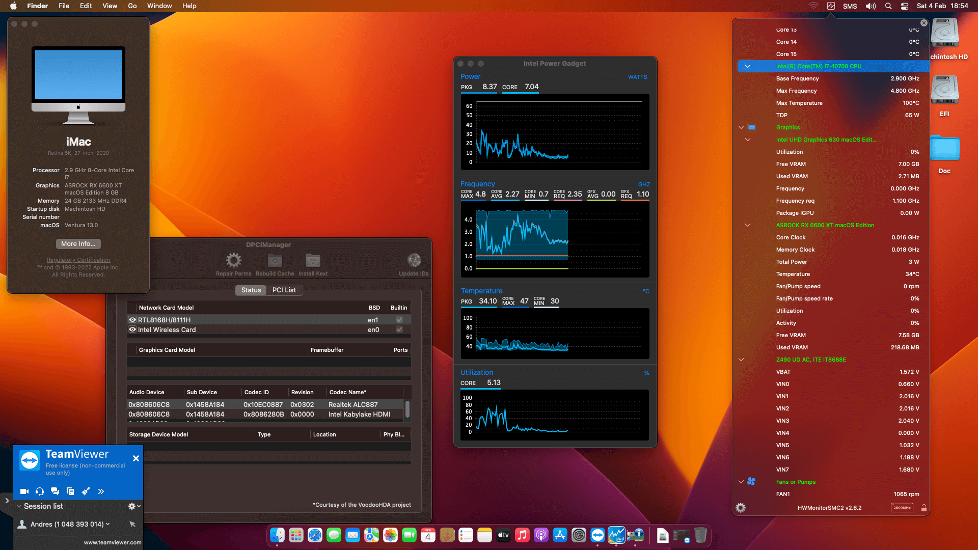 Success Hackintosh macOS Ventura 13.0 Build 22A380 in Gigabyte Z490 UD AC + Intel Core i7 10700 + Asrock RX 6600 XT